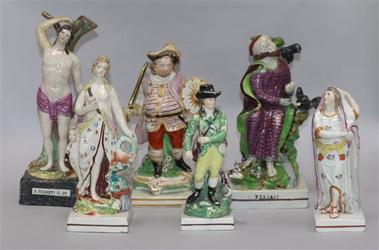 Six assorted early 19th century Staffordshire square base figures largest 26cm